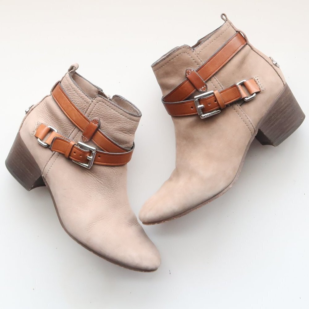 Coach Pauline Beige Suede & Tan Leather Block Heel Ankle Boots Booties Size 6.5